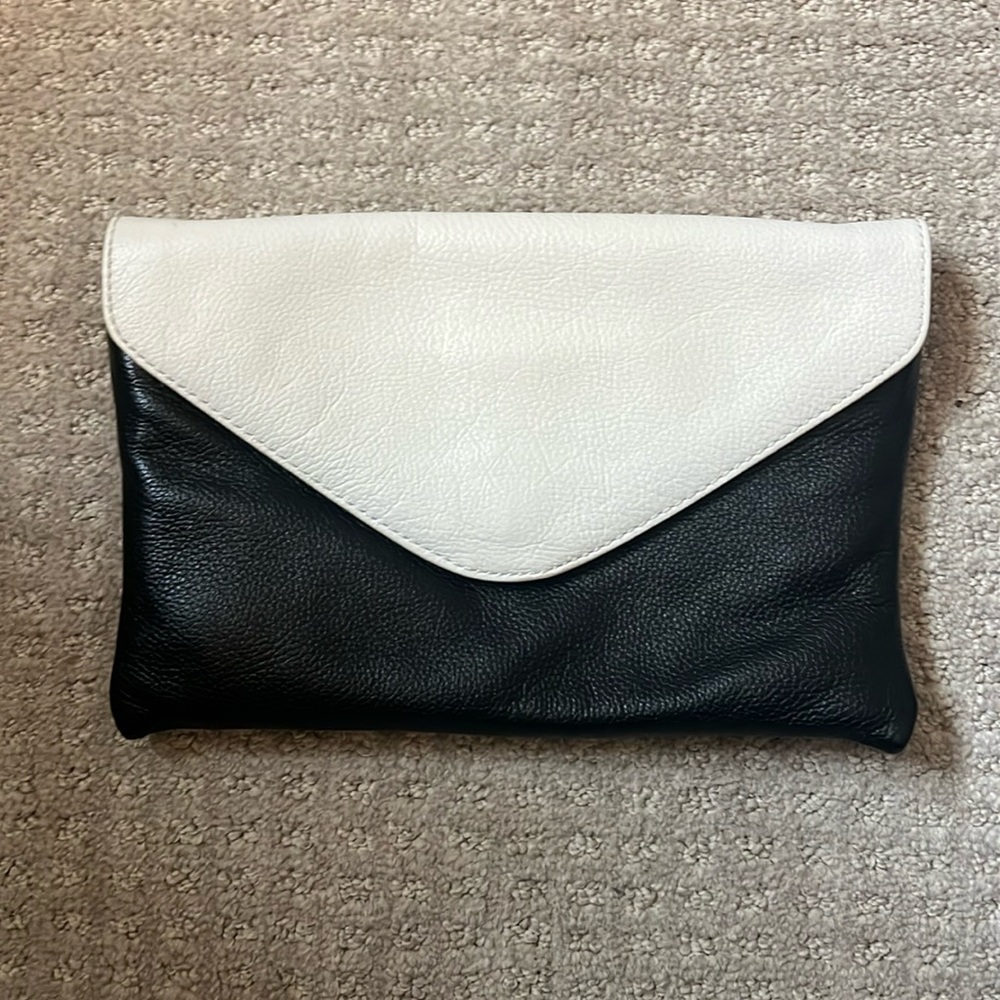 Black and White leather Jcrew Factory Clutch with Chain